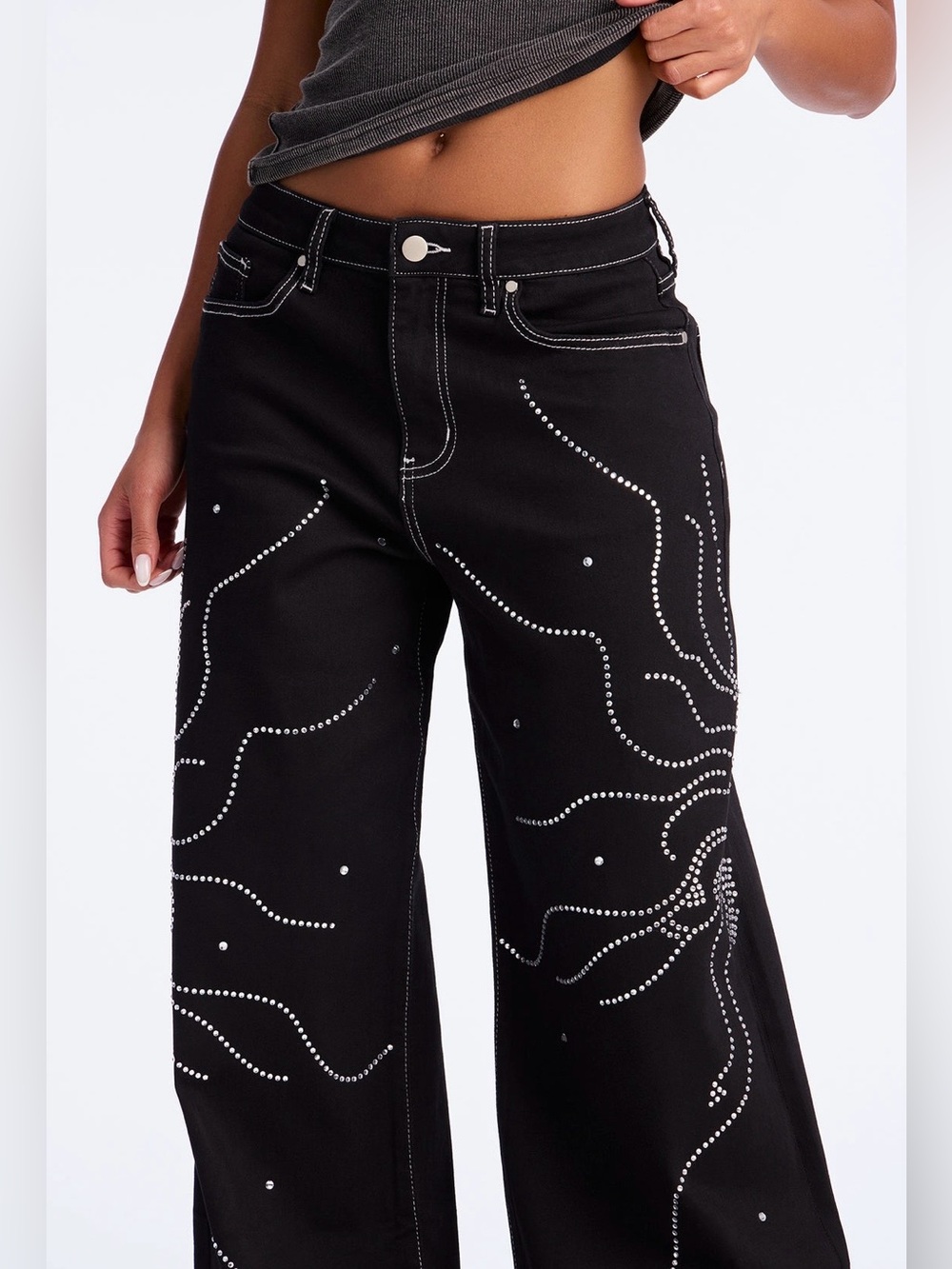 Stud-Embellished Black Wide-Leg Jeans - Women